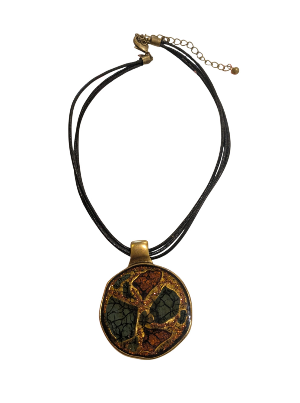 Chico's Enamel Gold Pendant Faux Leather Multi-Strand Necklace